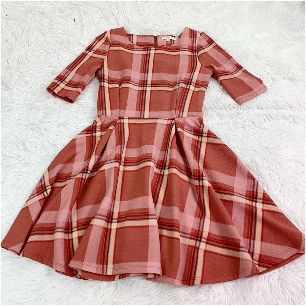 Copper Key Junior short sleeve round neck‎ Plaid pleated Dress